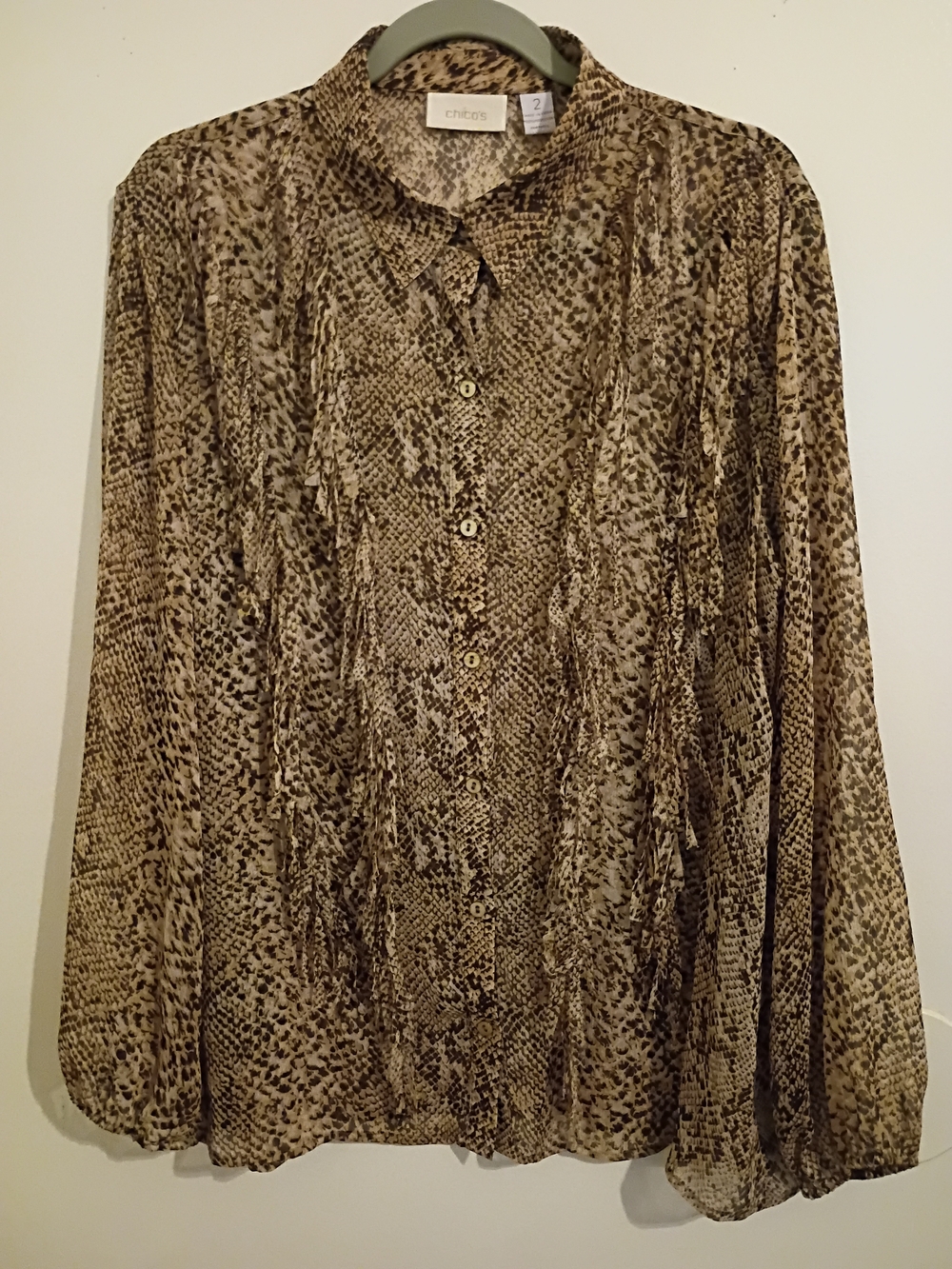 Chico's Brown Snake Print Button Fringed Front Blouse Sz L